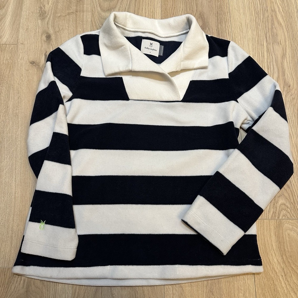 Dudley Stephen's Navy Striped‎ Fleece Sweater Women Size S USA Collared EUC